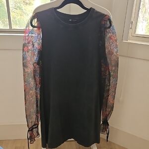 Zara Gray T-shirt Dress With Floral Sheer Sleeves